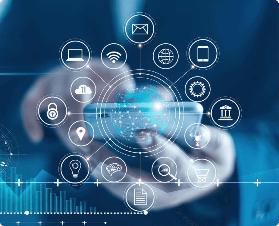 Graphic of phone and a matrix of various aspects that are digitally connected through the internet 